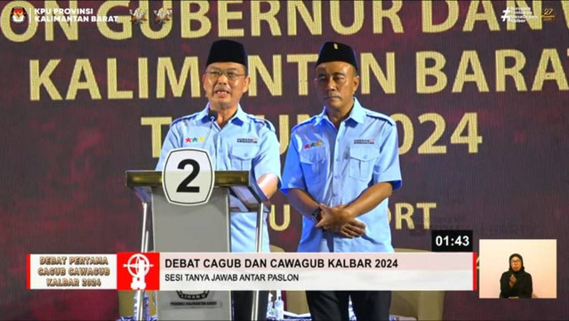 Cagub-Cawagub Kalbar nomor urut 2, Ria Norsan dan Krisantus di debat publik perdana Pilgub Kalbar. Foto: YouTube KPU Kalbar