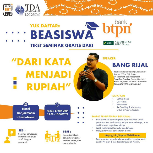 Gandeng SMBC Indonesia, TDA Banjarmasin Beri Beasiswa Seminar Kewirausahaan