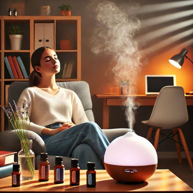 Berikut adalah gambar yang menggambarkan efektivitas terapi aromaterapi dalam mengurangi tingkat stres pada mahasiswa, dengan suasana yang tenang dan santai di ruang belajar, di mana mahasiswa terlihat rileks sambil menikmati aroma dari diffuser. Poto by AI