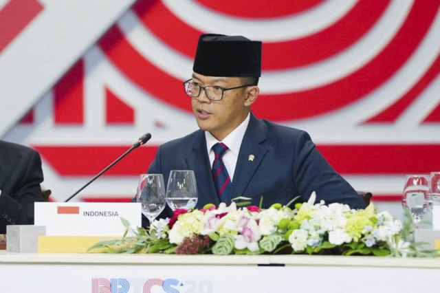 Menteri Luar Negeri Indonesia, Sugiono, berbicara pada Konferensi Tingkat Tinggi (KTT) BRICS Plus 2024 di Kazan, Rusia, pada tanggal 24 Oktober 2024. Foto: ANTARA/HO-Kemlu RI