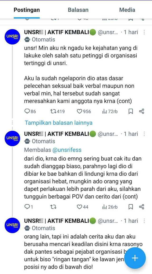 Potongan dari akun X terkait curhatan mahasiswi yang alami pelecehan oleh oknum petinggi BEM UNSRI