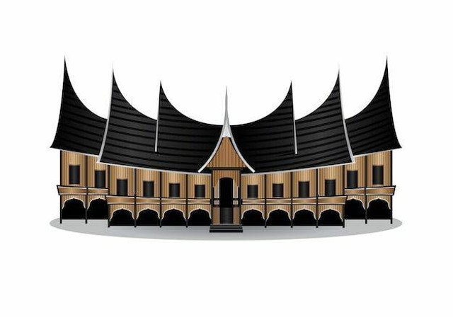 Ilustrasi rumah di Minangkabau. Sumber foto: hasil mengedit sendiri di Canva.