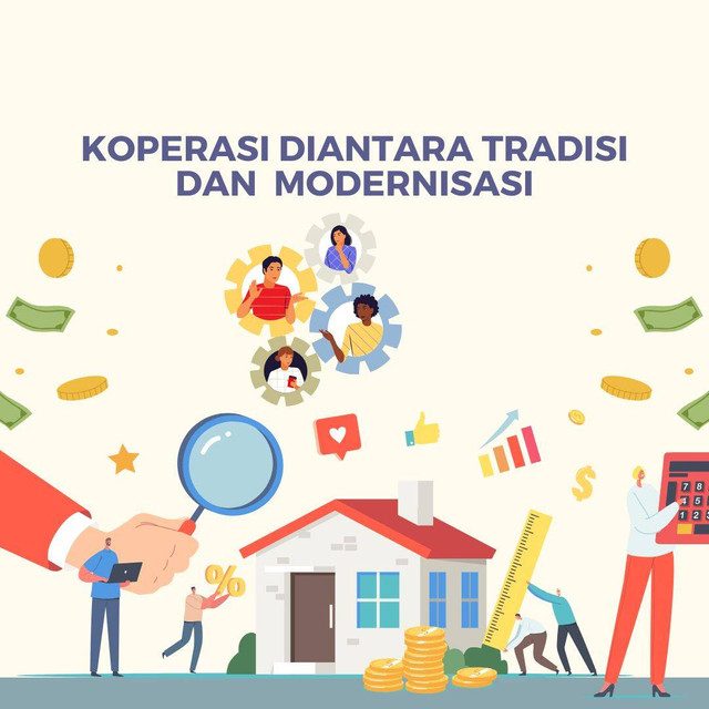 Ilustrasi koperasi diantara tradisi dan modernisasi: dokumen pribadi diolah canva