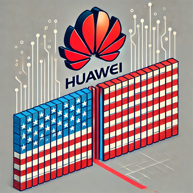 Logo Huawei terpisah dari bendera AS oleh penghalang simbolis, menggambarkan boikot dan ketegangan perdagangan antara Huawei dan Amerika Serikat. Sumber: Ilustrasi digital penulis.