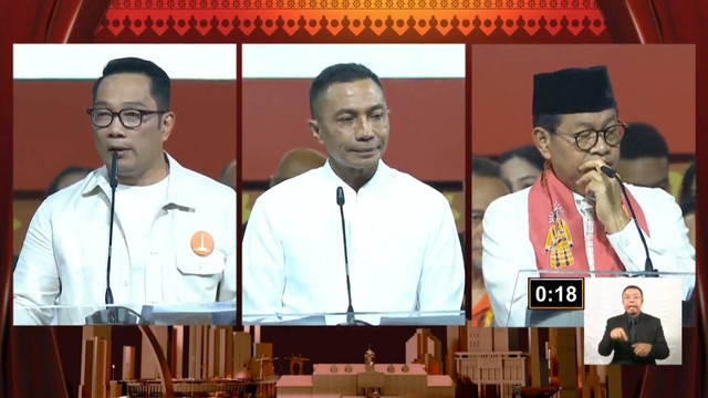 Cagub nomor urut 01 Ridwan Kamil, Cagub nomor urut 02 Dharma Pongrekun, dan Cagub nomor urut 03 Pramono Anung menyampaikan pendapatnya saat Debat Kedua Pilgub Jakarta di City Beach International Stadium (BCIS) Ancol, Jakarta, Minggu (27/10/2024). Foto: YouTube/ KPU PROVINSI DKI JAKARTA 