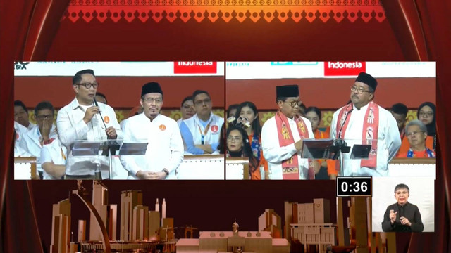 Paslon nomor urut 01 Ridwan Kamil-Suswono dan Paslon nomor urut 03 Pramono Anung-Rano Karno saat Debat Kedua Pilgub Jakarta di City Beach International Stadium (BCIS) Ancol, Jakarta, Minggu (27/10/2024). Foto: YouTube/ KPU PROVINSI DKI JAKARTA