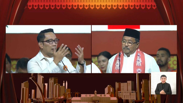 Cagub nomor urut 01 Ridwan Kamil dan Cawagub nomor urut 03 Rano Karno menyampaikan pendapatnya saat Debat Kedua Pilgub Jakarta di City Beach International Stadium (BCIS) Ancol, Jakarta, Minggu (27/10/2024). Foto: YouTube/ KPU PROVINSI DKI JAKARTA 