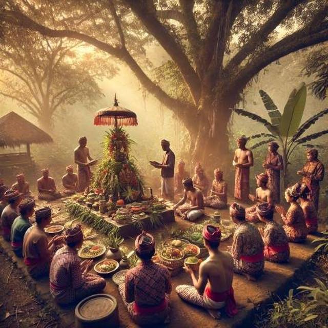 Ilustrasi: suasana upacara tradisional dengan para warga yang mengenakan pakaian khas Jawa, berkumpul di tempat suci di alam, serta melakukan ritual doa dan persembahan. Sumber Gambar: A Rima Mustajab 