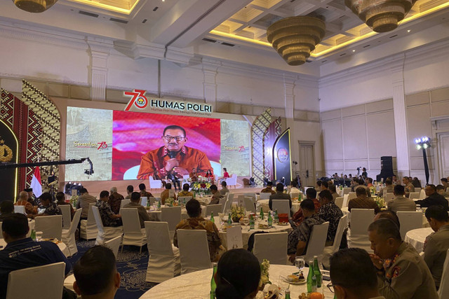 Suasana Sarasehan Divisi Humas Polri 2024 dalam rangka hari ulang tahun Humas Polri di Hotel Tribrata, Jakarta Selatan pada Rabu (30/10/2024). Foto: Abid Raihan/kumparan