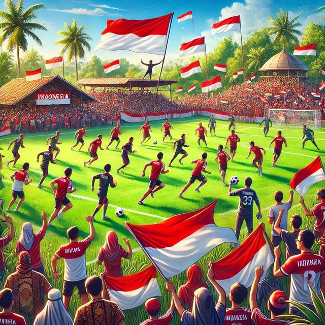 Ilustrasi gambar ini dibuat menggunakan AI : Gambar ini menunjukkan tim nasional Indonesia sedang berlatih di lapangan hijau, dikelilingi oleh suporter yang antusias mengibarkan bendera merah-putih. Terdapat pemain lokal dan naturalisasi yang mengenakan seragam timnas, dengan suasana khas Indonesia yang ditandai oleh pohon palem dan pemandangan tropis. Beberapa suporter juga mengenakan pakaian tradisional sambil membawa spanduk dukungan. Langit cerah dan suasananya penuh semangat serta kebanggaan terhadap sepak bola Indonesia.