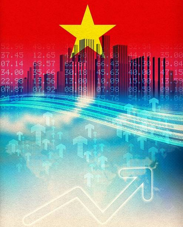 Title: Vietnamese economic growth illustrationArtistSean GladwellMediumPhotograph - Photograph.                                   
Description: Financial illustration of abstract city and financial numbers with Vietnamese flag
Image provided by Getty Images.
Artist: Sean Gladwell
