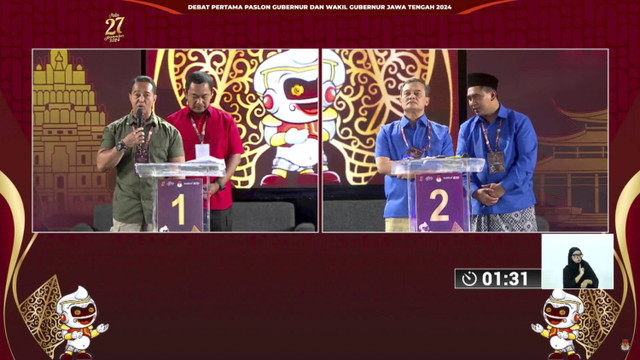 Suasana debat pertama pasangan calon Gubernur dan Wakil Gubernur Jawa Tengah tahun 2024, Rabu (30/10/2024). Foto: YouTube/ KPU Jateng