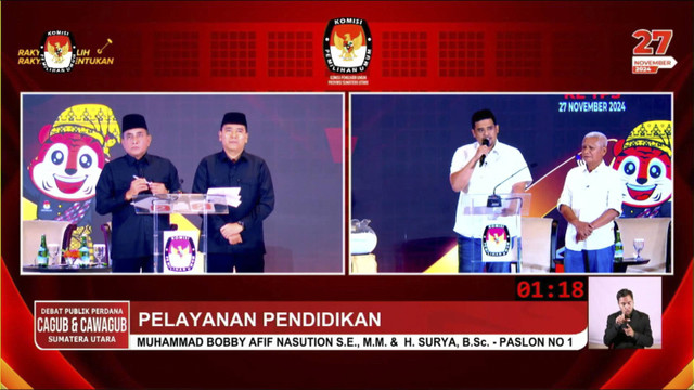 Suasana debat pertama pasangan calon Gubernur dan Wakil Gubernur Sumatera Utara tahun 2024, Rabu (30/10/2024). Foto: YouTube/ KPU PROVINSI SUMUT