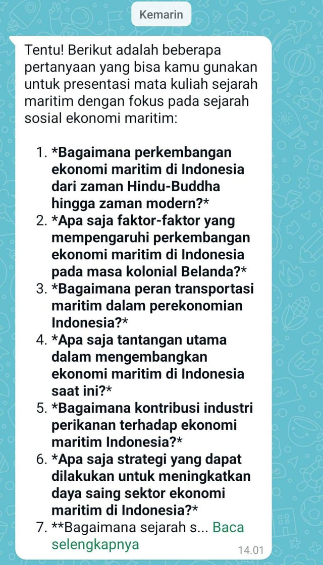 Foto rekapan pertanyaan dari GPT yang di kirim via Whats App (dokumen pribadi)