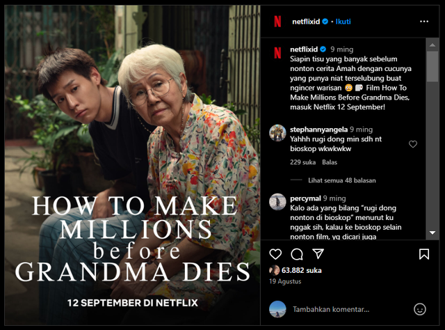 Unggahan How To Make Millions Before Grandma Dies oleh Netflix. (sumber : dokumentasi pribadi)