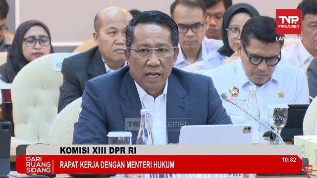 Rapat kerja Komisi XIII DPR RI dengan Menteri Hukum Supratman Andi Agtas di Kompleks Parlemen, Jakarta, Senin (4/11/2024). Foto: Youtube/ TVR Parlemen