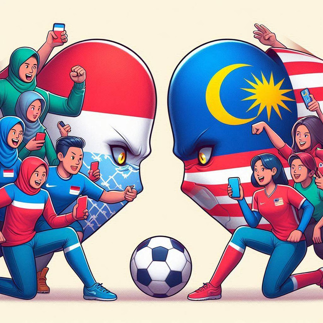 Perang psikologis antar dua kelompok suporter sepakbola ketika tim nasional dua negara bertanding. Sumber : Gambar dibuat penulis dengan aplikasi Microsoft Designer. 