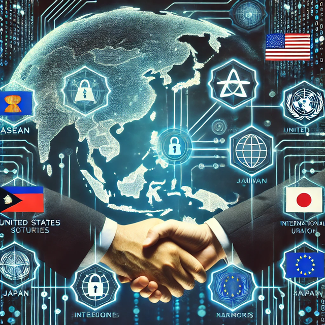 Cyber Diplomacy ASEAN melalui aliansi internasional untuk memperkuat keamanan digital di Asia Tenggara, dengan simbol kerja sama antara negara-negara ASEAN dan hubungan internasional seperti Amerika Serikat, Jepang, Uni Eropa, dan PBB. sumber gambar: oleh AI 