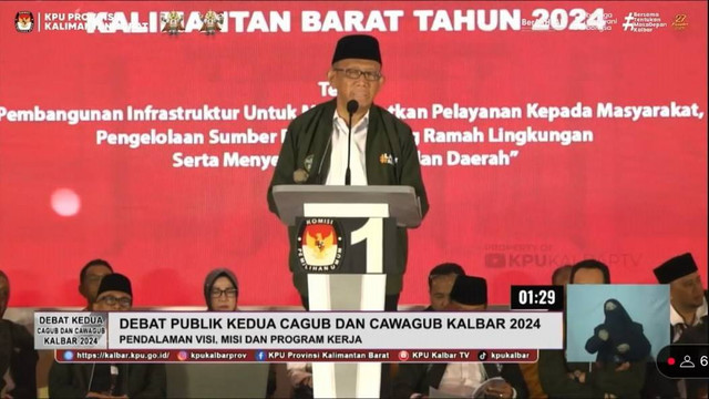 Cagub Kalbar nomor urut 1, Sutarmidji, saat debat publik kedua Cagub dan Cawagub Kalbar. Foto: YouTube KPU Kalbar