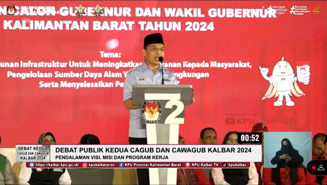 Cagub Kalbar nomor urut 2, Ria Norsan, saat debat publik kedua Cagub dan Cawagub Kalbar. Foto: Dok. YouTube KPU Kalbar