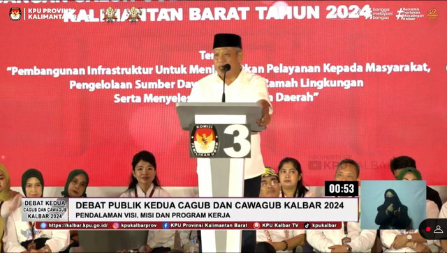 Cagub Kalbar nomor urut 3, Muda Mahendrawan, saat debat publik kedua Cagub dan Cawagub Kalbar. Foto: Dok. YouTube KPU Kalbar