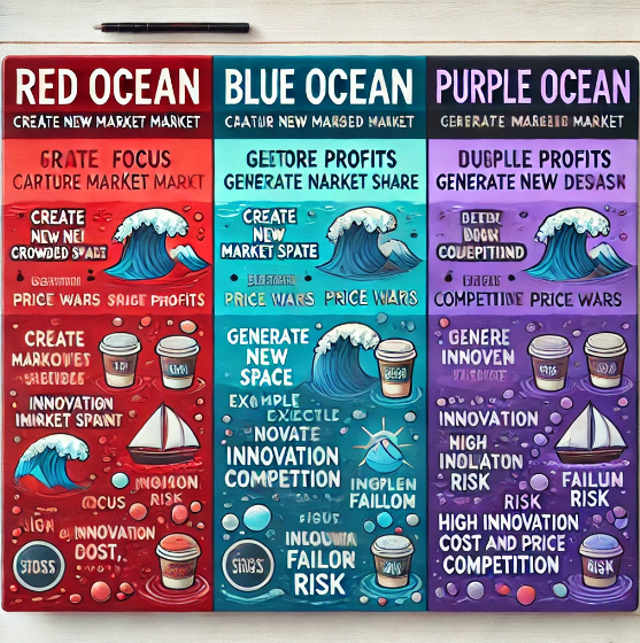 Gambar 1. Konsep Strategi Blue Ocean, Red Ocean, dan Purple Ocean, sumber : penulis