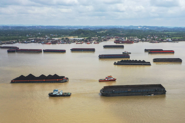 Sejumlah kapal tongkang bermuatan batu bara melintas perairan Sungai Mahakam di Samarinda, Kalimantan Timur, Rabu (6/11/2024). Foto: M Risyal Hidayat/ANTARA FOTO