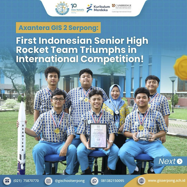 Tim Roket Axantera dari GIS 2 Serpong yang menang di Malaysian Rocket Competition 2024. Foto: Dok. Global Islamic School 2 Serpong