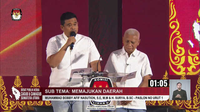 Suasana debat publik kedua Paslon Gubernur dan Wakil Gubernur Sumatera Utara 2024, Hotel Santika Diandra, Medan, Rabu (6/11/2024). Foto: YouTube/ KPU PROVINSI SUMUT