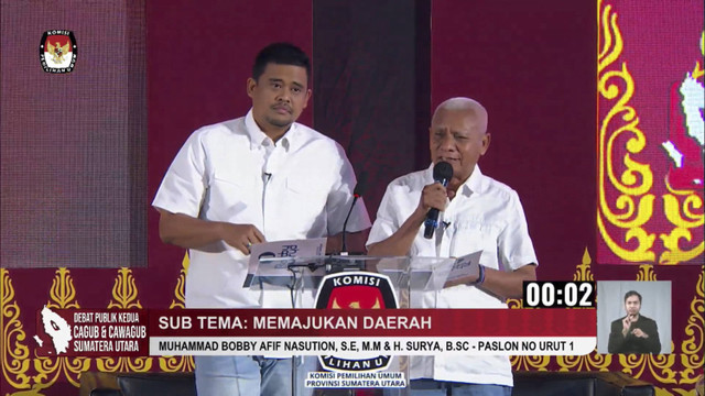 Suasana debat publik kedua Paslon Gubernur dan Wakil Gubernur Sumatera Utara 2024, Hotel Santika Diandra, Medan, Rabu (6/11/2024). Foto: YouTube/ KPU PROVINSI SUMUT