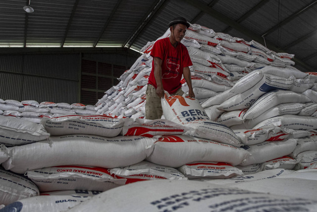 Pekerja menata karung beras di gudang Perum Bulog Umbul Tengah, Kota Serang, Banten, Kamis (7/11/2024). Foto: Angga Budhiyanto/ ANTARA FOTO