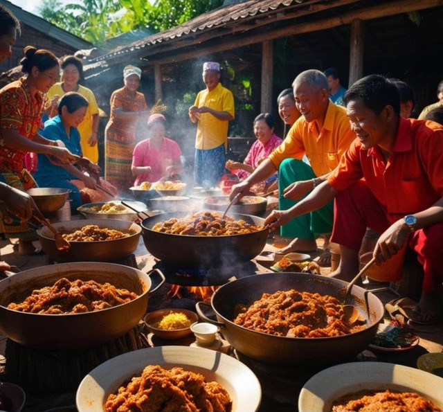 foto: Ilustrasi ketika masyarakat desa memasak rendang untuntuk Makan bersama (Ilustrasi oleh Ai)