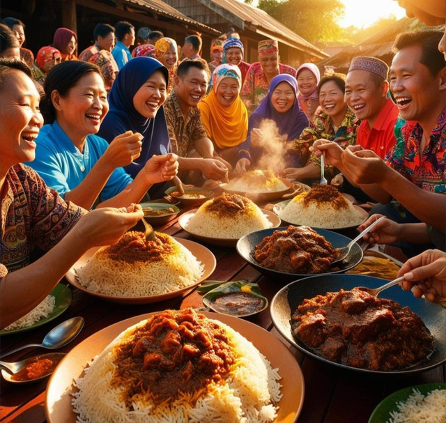 foto: Suasana makan berjamba setelah pelantikan penghulu (Ilustrasi oleh AI)