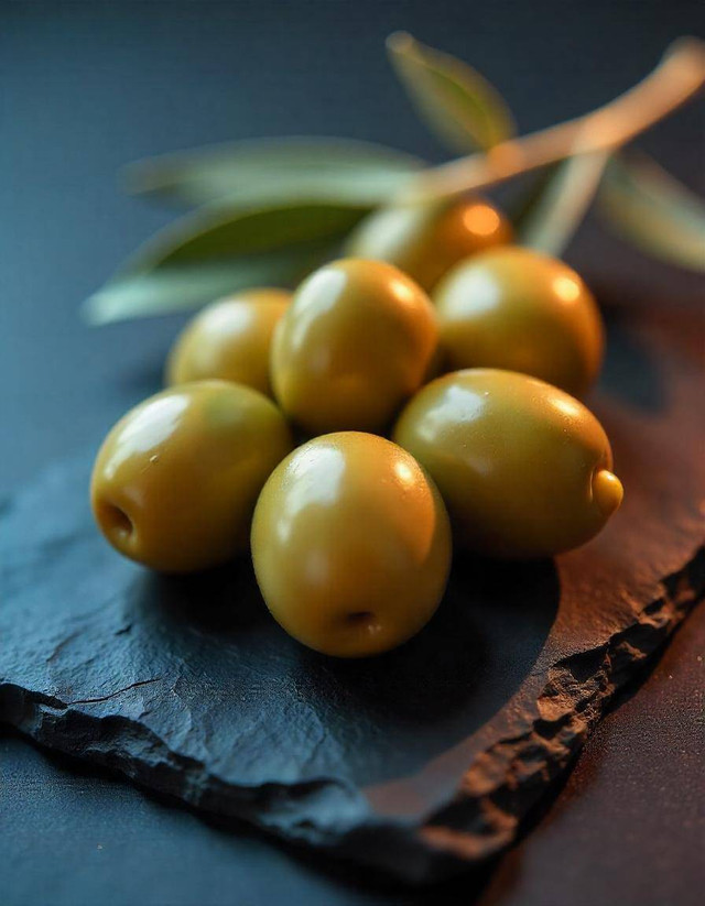 An artistic representation of olives in various stages of ripeness, arranged on a dark slate surface, with dramatic lighting emphasizing their textures. Credit: freepik.com