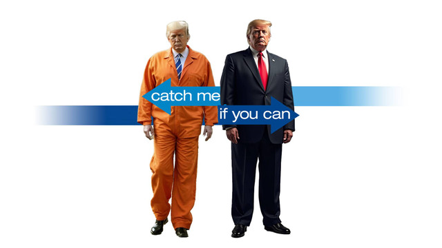 Ilustrasi rekonstruksi dari poster film Catch Me If You Can, Trump akan menjabat sebagai Presiden AS ke-47 dengan menghadapi ancaman dan tuntutan pidana penjara. FOTO: Farhan Rizqullah