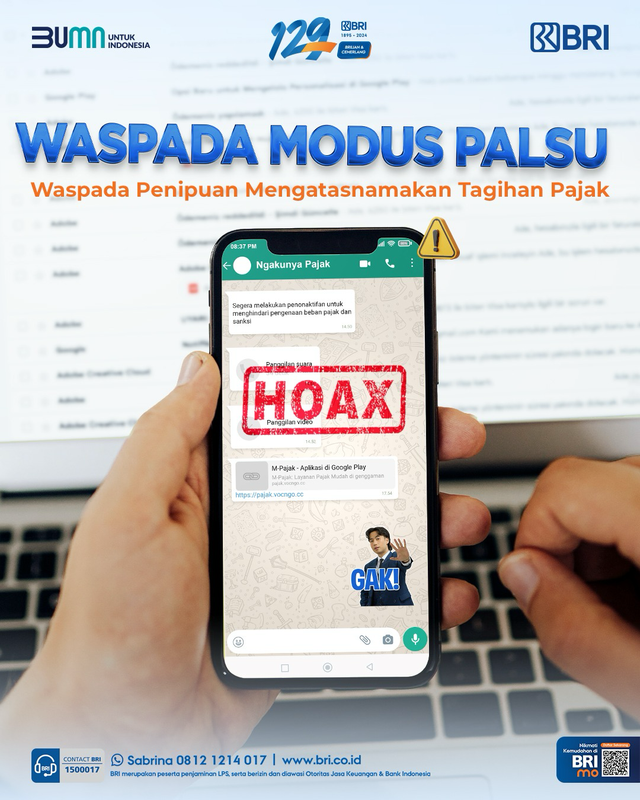 BRI imbau masyarakat untuk berhati-hati terkait modus tagihan pajak lewat aplikasi WhatsApp. Foto: Dok. BRI