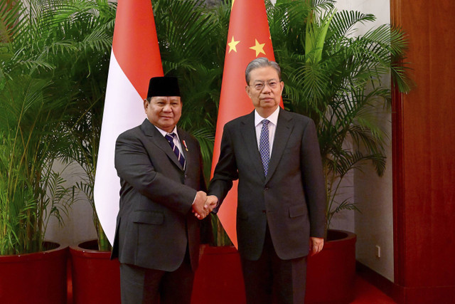 Presiden Prabowo berjabat tangan dengan Ketua Kongres Rakyat Nasional Zhao Leji saat melakukan pertemuan di Beijing, Sabtu (9/11/2024). Foto: Dok. Muchlis Jr - Biro Pers Sekretariat Presiden