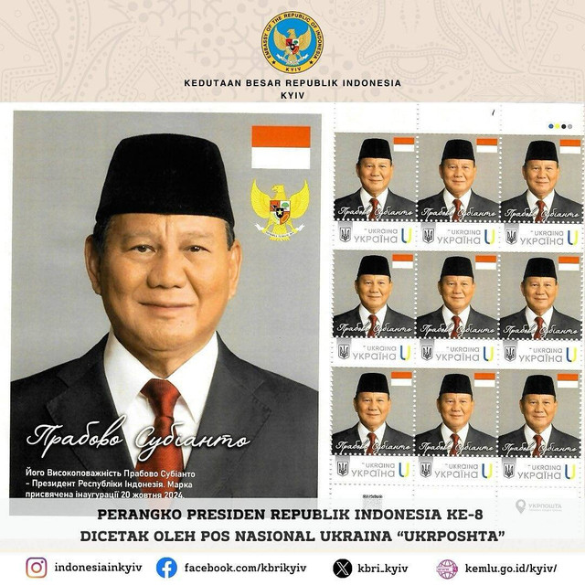 Prangko Presiden Prabowo Subianto. Foto: Instagram.com/indonesiainkyiv