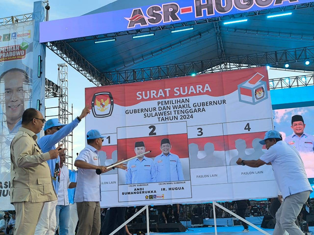 ASR-Hugua saat mencontohkan cara mencoblos surat suara di Pilgub Sultra. Foto: Dok. Istimewa