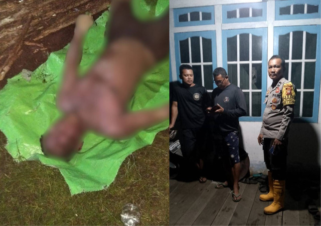 Korban saat ditemukan (kiri) dan petugas Polsek Ambawang saat berada di rumah korban. Foto: Dok, Polres Kubu Raya