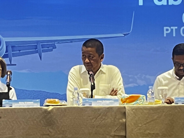 Direktur Utama PT Garuda Indonesia Tbk (GIAA) Irfan Setiaputra dalam gelaran Public Expose 2024 di Cengkareng, Jakarta Barat, Senin (11/11/2024). Foto: Widya Islamiati/kumparan