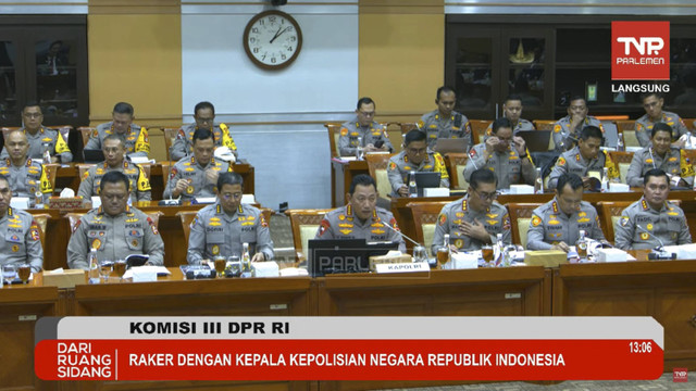 Suasana rapat kerja Komisi III DPR RI dengan Kepala Kepolisian Negara Republik Indonesia di Gedung Parlemen, Jakarta, Senin (11/11/2024). Foto: YouTube/ TVR Parlemen