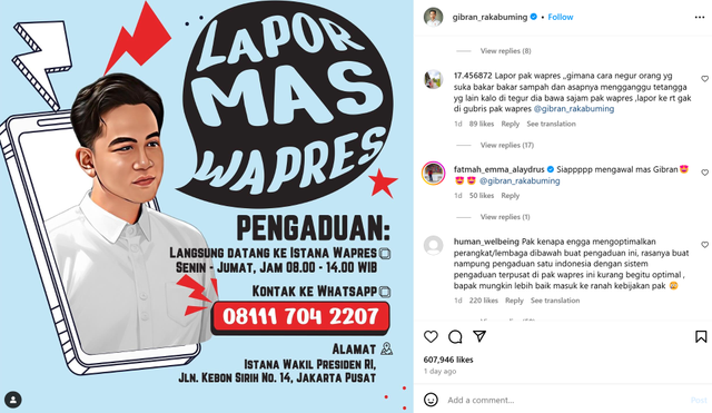 Tangkapan layar Instagram Gibran Rakabuming Raka tentang pengumuman "Lapor Mas Wapres". Sumber:  https://www.instagram.com/gibran_rakabuming/