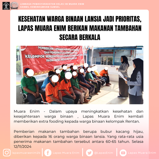 Lapas Muara Enim Berikan Makanan Tambahan secara Berkala