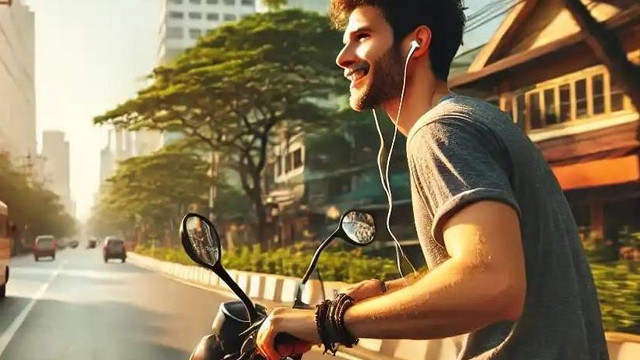 Ilustrasi pengendara menggunakan earphone yang meningkatkan risiko kecelakaan. (sumber : https://chatgpt.com)