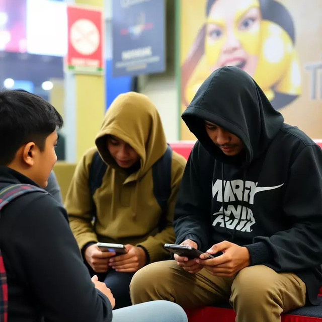 Ilustrasi foto kumpulan anak muda yang fokus dengan gadgetnya masing - masing, dan tidak melakukan interaksi sosial saat berkumpul. Oleh Elysia Puteri Andani.