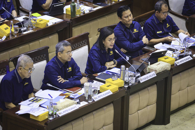 Menteri Keuangan Sri Mulyani Indrawati bersama Wakil Menteri Keuangan Anggito Abimanyu, Suahasil Nazara, Thomas A. M. Djiwandono menyampaikan paparan pada rapat kerja dengan Komisi XI DPR di kompleks Parlemen, Senayan, Jakarta, Rabu (13/11/2024). Foto: Dhemas Reviyanto/ANTARA FOTO