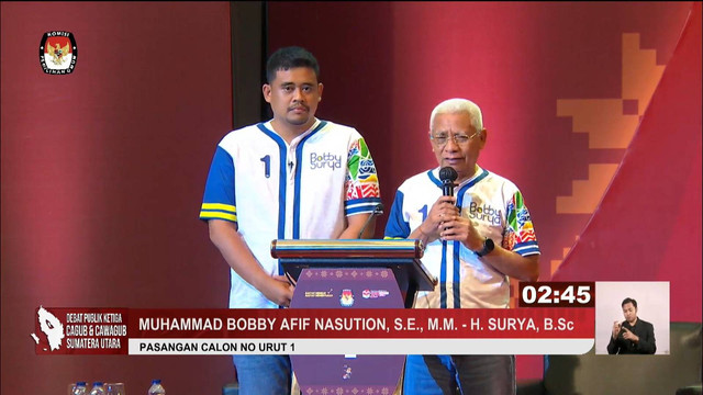 Paslon nomor urut 01 Bobby Nasution dan Surya mengikuti Debat Ketiga Pilgub Sumatera Utara 2024 Tiara Convention Center, Kota Medan, Rabu (13/11/2024). Foto: YouTube/ KPU PROVINSI SUMUT