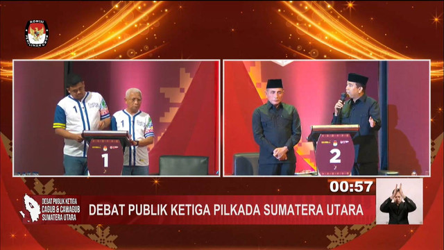 Paslon nomor urut 01 Bobby Nasution dan Surya dan Paslon nomor urut 02 Edy Rahmayadi dan Hasan Basri mengikuti Debat Ketiga Pilgub Sumatera Utara 2024 di Tiara Convention Center, Kota Medan, Rabu (13/11/2024). Foto: YouTube/ KPU PROVINSI SUMUT