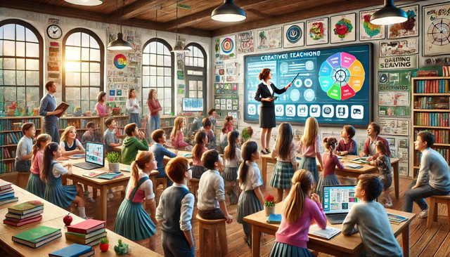 DALL·E 2024-11-14 19.38.58 - A classroom environment where a teacher is creatively engaging students through interactive and hands-on teaching media. The teacher uses colorful vis